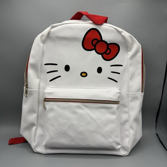 Sanrio Hello Kitty Bow Face White Faux Leather Mini Backpack Purse Bag - Picture 1 of 7